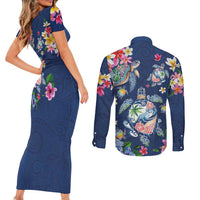 Hawaiian Turtles and Tropical Plants Couples Matching Short Sleeve Bodycon Dress and Long Sleeve Button Shirt Blue Watercolor LT03 - Polynesian Pride