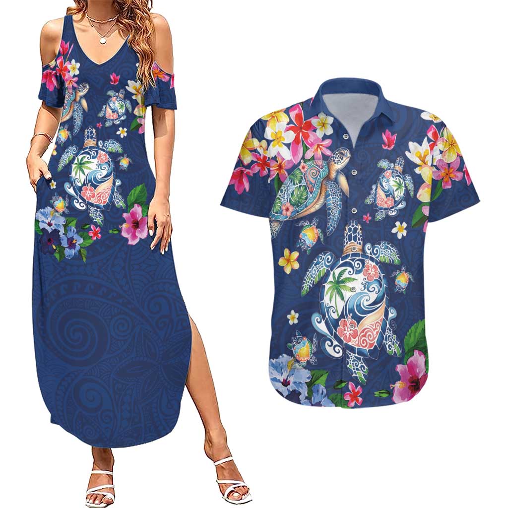 Hawaiian Turtles and Tropical Plants Couples Matching Summer Maxi Dress and Hawaiian Shirt Blue Watercolor LT03 Blue - Polynesian Pride