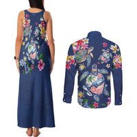 Hawaiian Turtles and Tropical Plants Couples Matching Tank Maxi Dress and Long Sleeve Button Shirt Blue Watercolor LT03 - Polynesian Pride