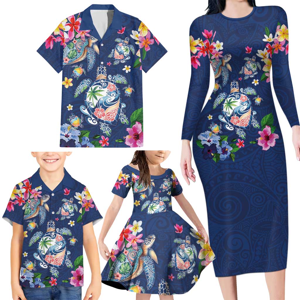 Hawaiian Turtles and Tropical Plants Family Matching Long Sleeve Bodycon Dress and Hawaiian Shirt Blue Watercolor LT03 - Polynesian Pride
