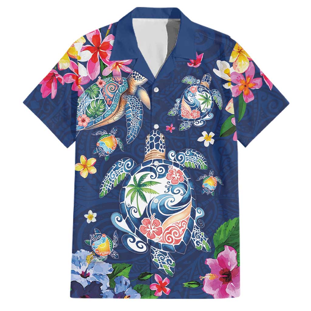 Hawaiian Turtles and Tropical Plants Family Matching Long Sleeve Bodycon Dress and Hawaiian Shirt Blue Watercolor LT03 Dad's Shirt - Short Sleeve Blue - Polynesian Pride