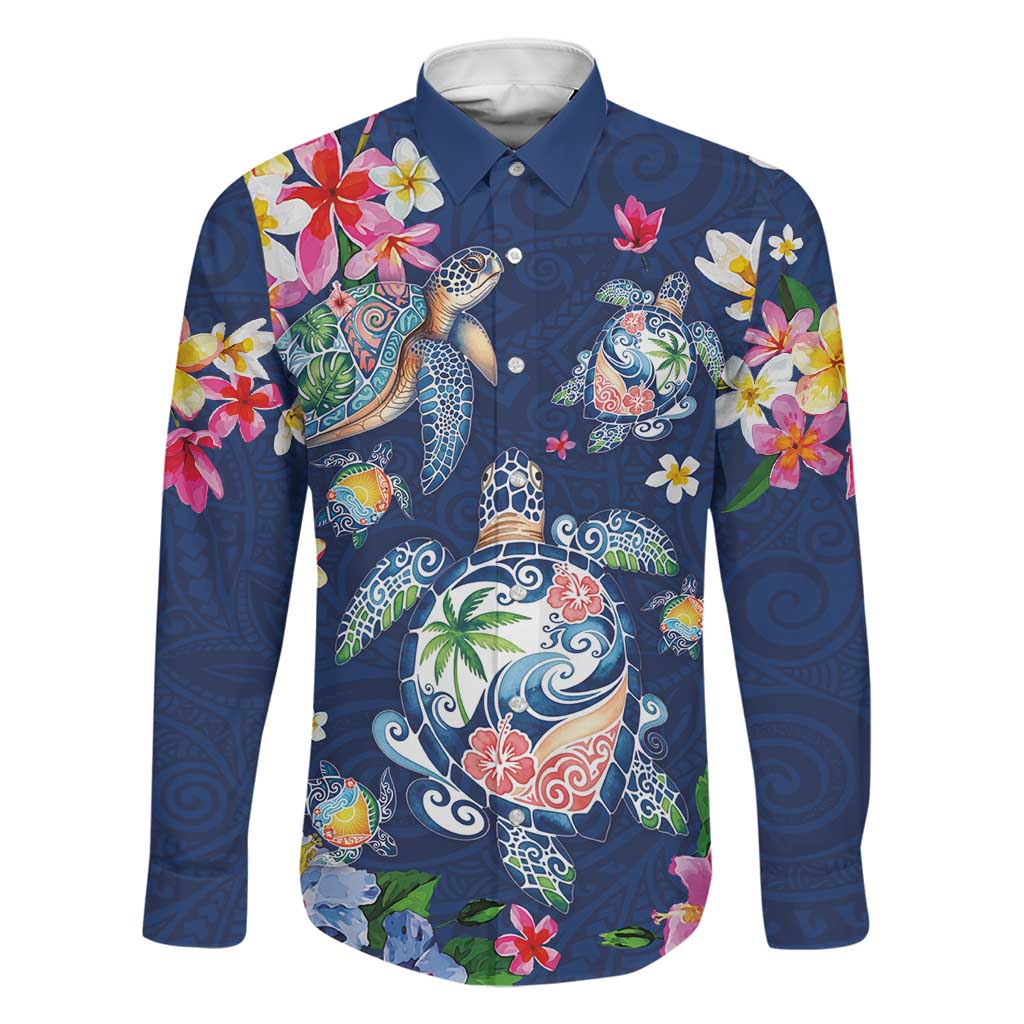 Hawaiian Turtles and Tropical Plants Family Matching Long Sleeve Bodycon Dress and Hawaiian Shirt Blue Watercolor LT03 Dad's Shirt - Long Sleeve Blue - Polynesian Pride