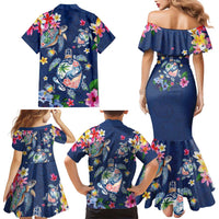 Hawaiian Turtles and Tropical Plants Family Matching Mermaid Dress and Hawaiian Shirt Blue Watercolor LT03 - Polynesian Pride