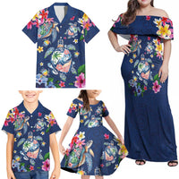 Hawaiian Turtles and Tropical Plants Family Matching Off Shoulder Maxi Dress and Hawaiian Shirt Blue Watercolor LT03 - Polynesian Pride