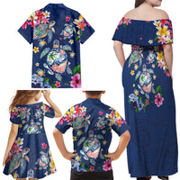 Hawaiian Turtles and Tropical Plants Family Matching Off Shoulder Maxi Dress and Hawaiian Shirt Blue Watercolor LT03 - Polynesian Pride