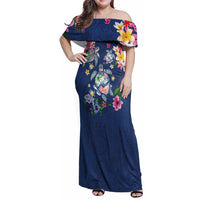 Hawaiian Turtles and Tropical Plants Family Matching Off Shoulder Maxi Dress and Hawaiian Shirt Blue Watercolor LT03 Mom's Dress Blue - Polynesian Pride