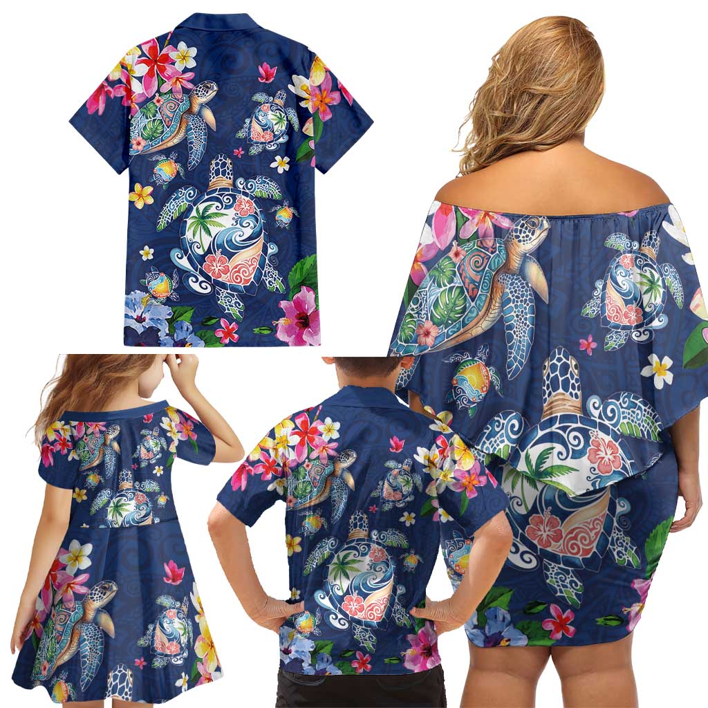 Hawaiian Turtles and Tropical Plants Family Matching Off Shoulder Short Dress and Hawaiian Shirt Blue Watercolor LT03 - Polynesian Pride