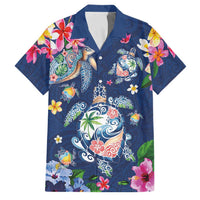 Hawaiian Turtles and Tropical Plants Family Matching Puletasi and Hawaiian Shirt Blue Watercolor LT03 Dad's Shirt - Short Sleeve Blue - Polynesian Pride