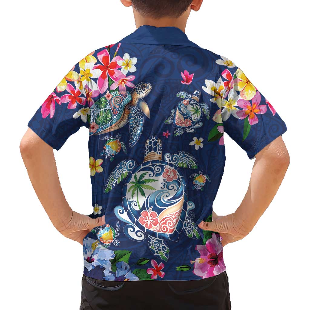 Hawaiian Turtles and Tropical Plants Family Matching Short Sleeve Bodycon Dress and Hawaiian Shirt Blue Watercolor LT03 - Polynesian Pride