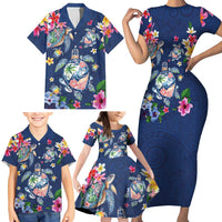 Hawaiian Turtles and Tropical Plants Family Matching Short Sleeve Bodycon Dress and Hawaiian Shirt Blue Watercolor LT03 - Polynesian Pride
