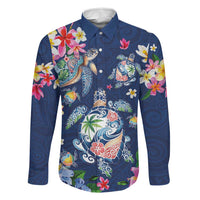 Hawaiian Turtles and Tropical Plants Family Matching Short Sleeve Bodycon Dress and Hawaiian Shirt Blue Watercolor LT03 Dad's Shirt - Long Sleeve Blue - Polynesian Pride