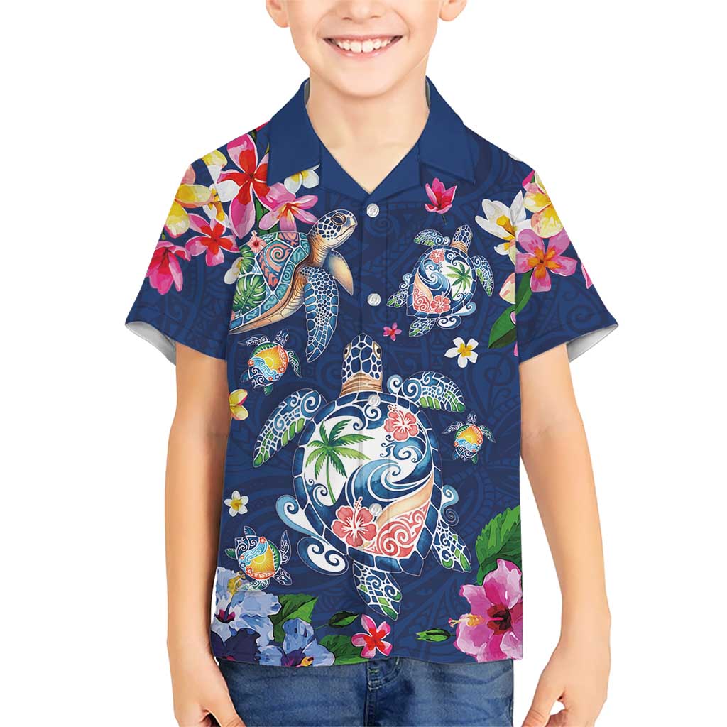Hawaiian Turtles and Tropical Plants Family Matching Tank Maxi Dress and Hawaiian Shirt Blue Watercolor LT03 Son's Shirt Blue - Polynesian Pride