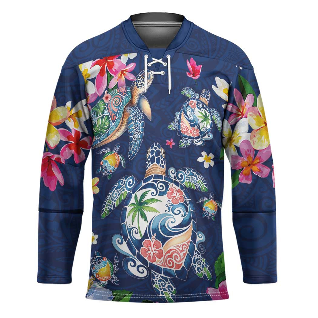 Hawaiian Turtles and Tropical Plants Hockey Jersey Blue Watercolor LT03 Unisex Blue - Polynesian Pride