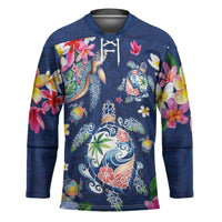 Hawaiian Turtles and Tropical Plants Hockey Jersey Blue Watercolor LT03 Unisex Blue - Polynesian Pride