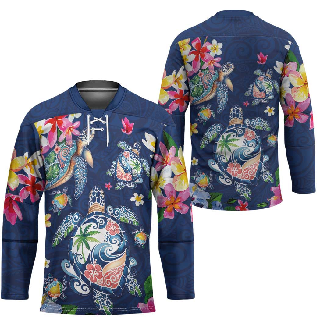 Hawaiian Turtles and Tropical Plants Hockey Jersey Blue Watercolor LT03 - Polynesian Pride