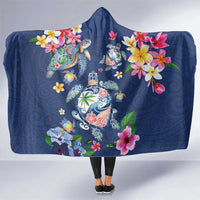Hawaiian Turtles and Tropical Plants Hooded Blanket Blue Watercolor