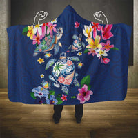 Hawaiian Turtles and Tropical Plants Hooded Blanket Blue Watercolor