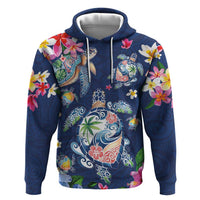 Hawaiian Turtles and Tropical Plants Hoodie Blue Watercolor