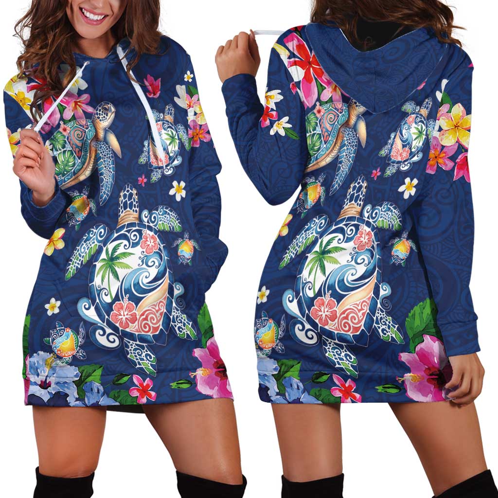 Hawaiian Turtles and Tropical Plants Hoodie Dress Blue Watercolor