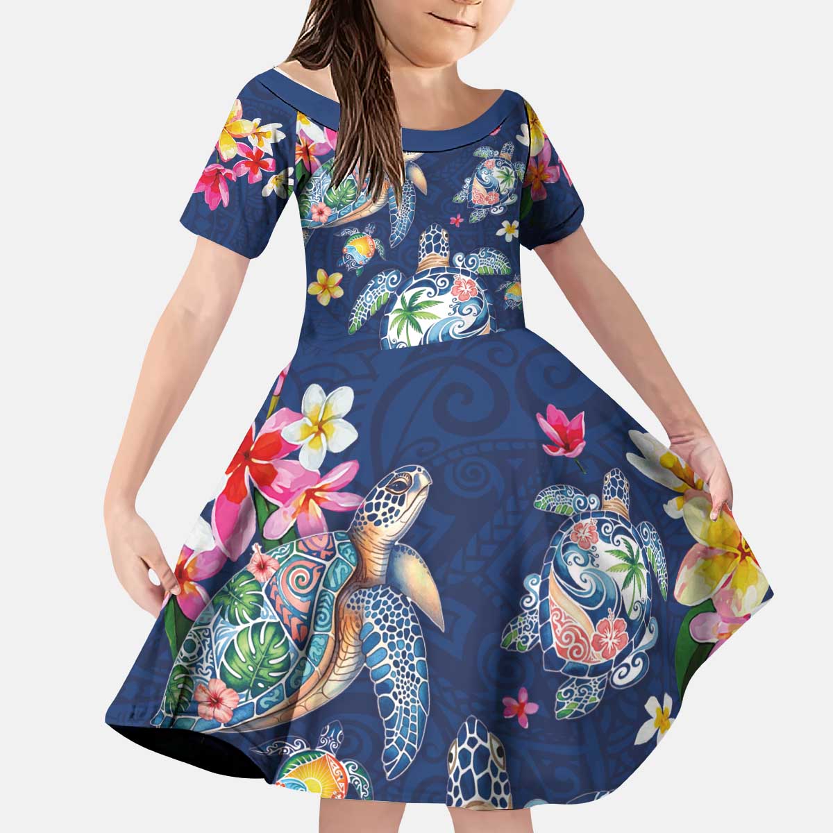 Hawaiian Turtles and Tropical Plants Kid Short Sleeve Dress Blue Watercolor LT03 KID Blue - Polynesian Pride