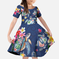 Hawaiian Turtles and Tropical Plants Kid Short Sleeve Dress Blue Watercolor LT03 KID Blue - Polynesian Pride