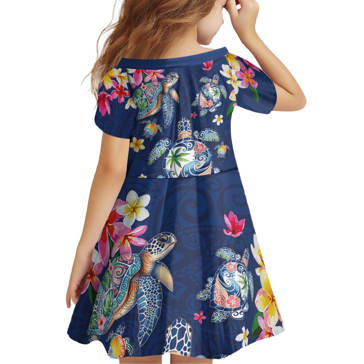 Hawaiian Turtles and Tropical Plants Kid Short Sleeve Dress Blue Watercolor LT03 - Polynesian Pride