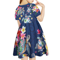 Hawaiian Turtles and Tropical Plants Kid Short Sleeve Dress Blue Watercolor LT03 - Polynesian Pride