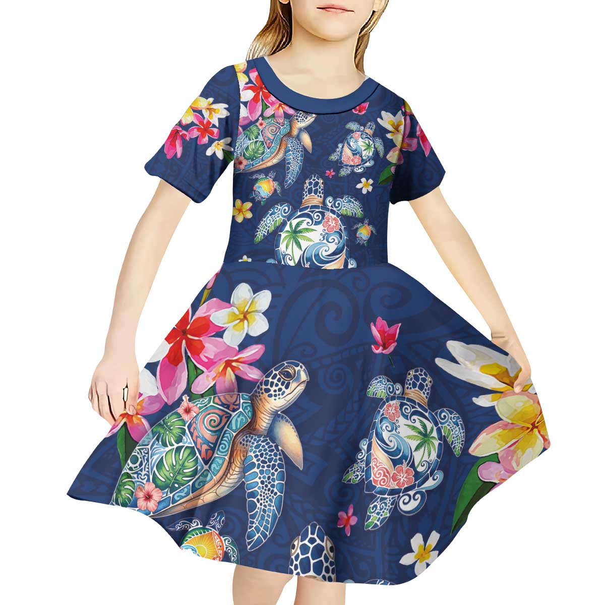 Hawaiian Turtles and Tropical Plants Kid Short Sleeve Dress Blue Watercolor LT03 - Polynesian Pride