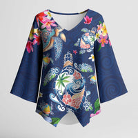 Hawaiian Turtles and Tropical Plants Kimono Sleeve Blouse Blue Watercolor