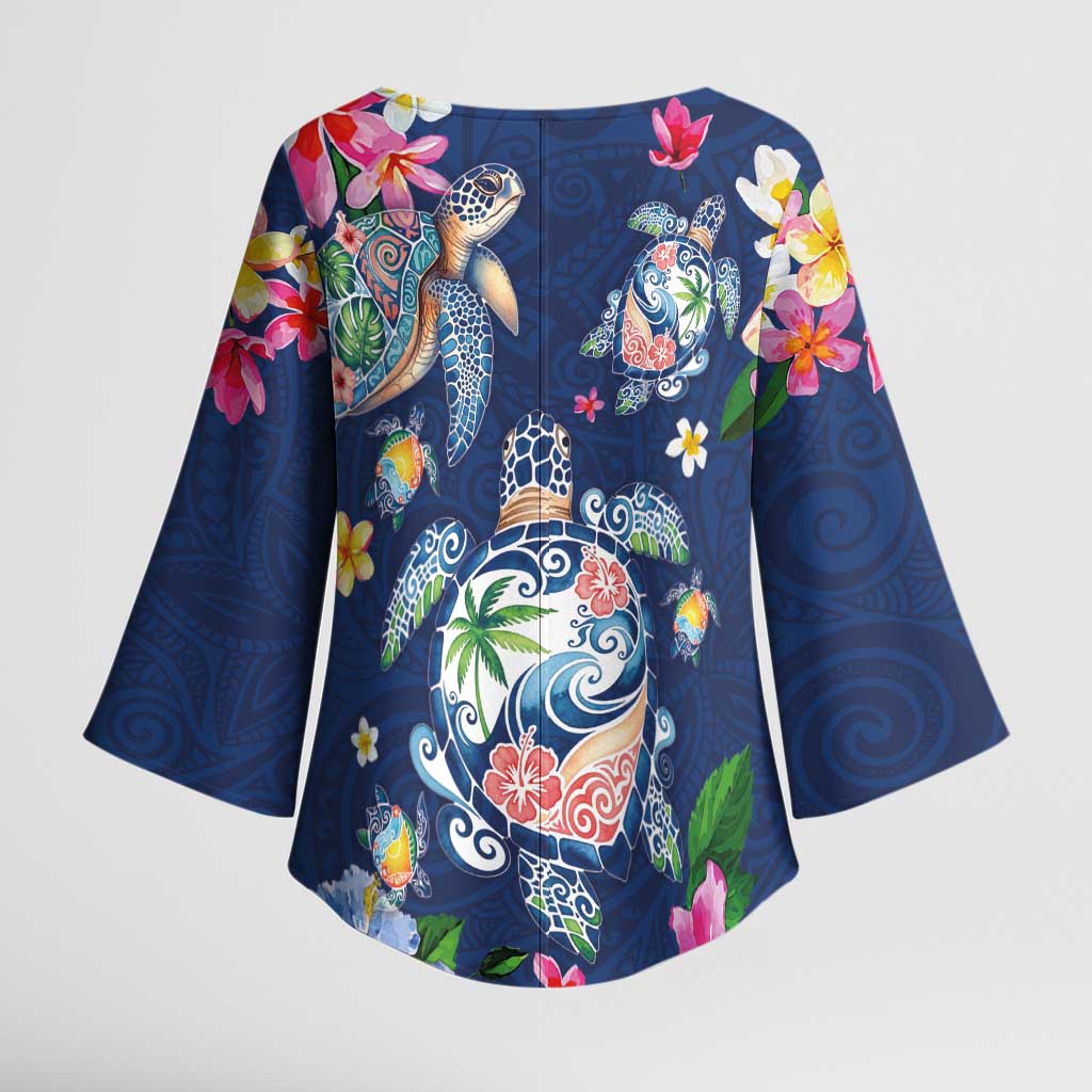 Hawaiian Turtles and Tropical Plants Kimono Sleeve Blouse Blue Watercolor