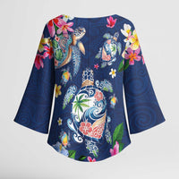 Hawaiian Turtles and Tropical Plants Kimono Sleeve Blouse Blue Watercolor