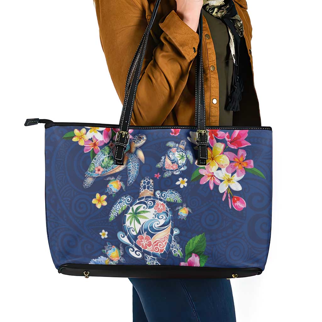 Hawaiian Turtles and Tropical Plants Leather Tote Bag Blue Watercolor