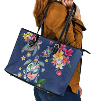 Hawaiian Turtles and Tropical Plants Leather Tote Bag Blue Watercolor