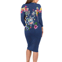 Hawaiian Turtles and Tropical Plants Long Sleeve Bodycon Dress Blue Watercolor
