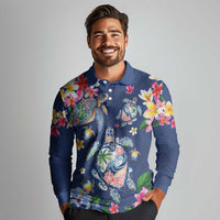 Hawaiian Turtles and Tropical Plants Long Sleeve Polo Shirt Blue Watercolor
