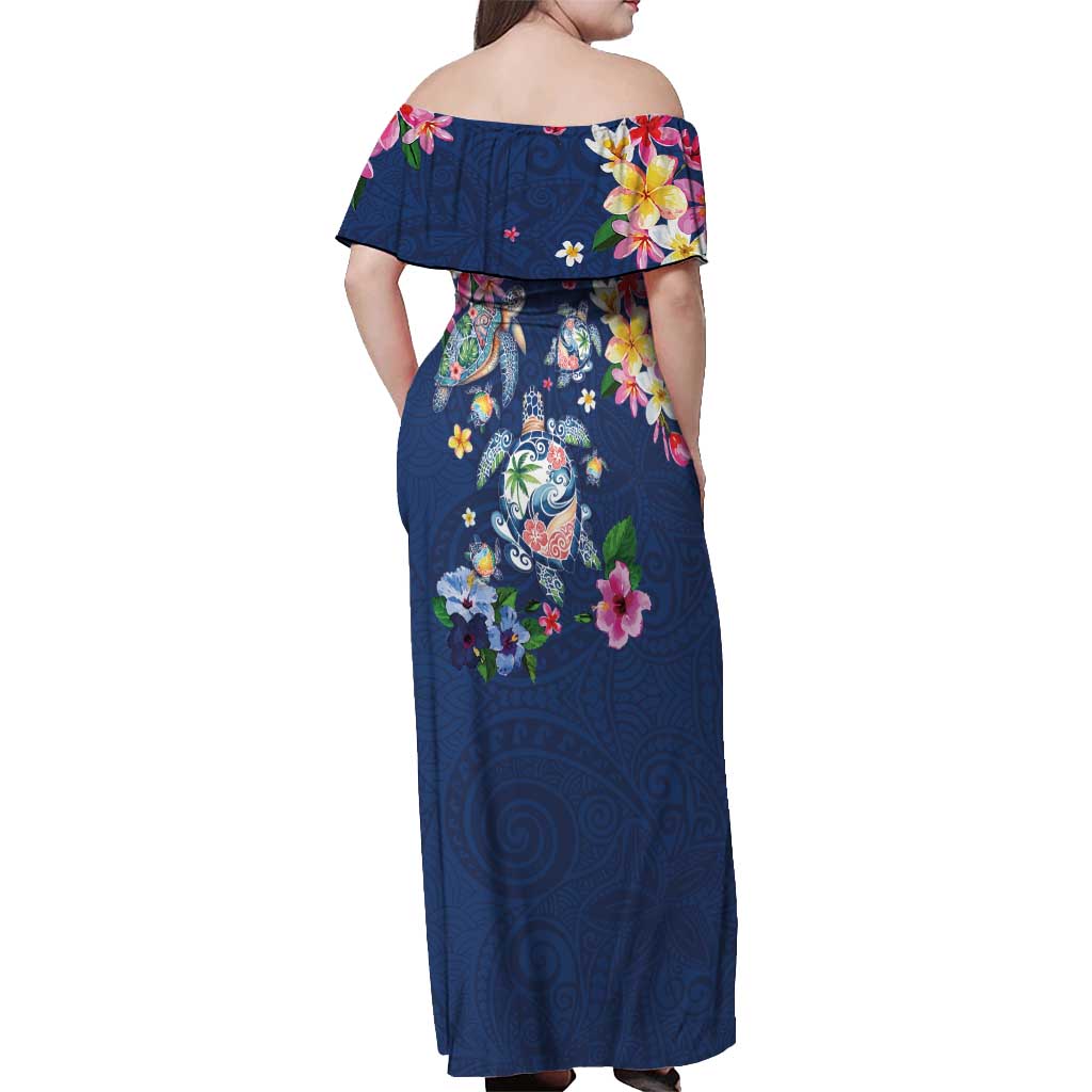Hawaiian Turtles and Tropical Plants Off Shoulder Maxi Dress Blue Watercolor