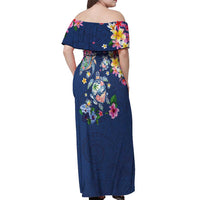 Hawaiian Turtles and Tropical Plants Off Shoulder Maxi Dress Blue Watercolor