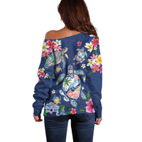 Hawaiian Turtles and Tropical Plants Off Shoulder Sweater Blue Watercolor