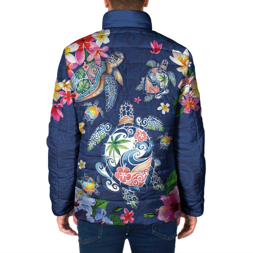 Hawaiian Turtles and Tropical Plants Padded Jacket Blue Watercolor