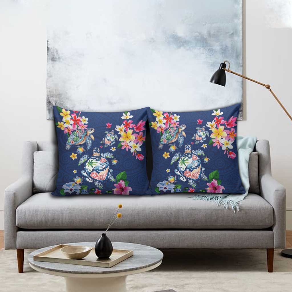 Hawaiian Turtles and Tropical Plants Pillow Cover Blue Watercolor