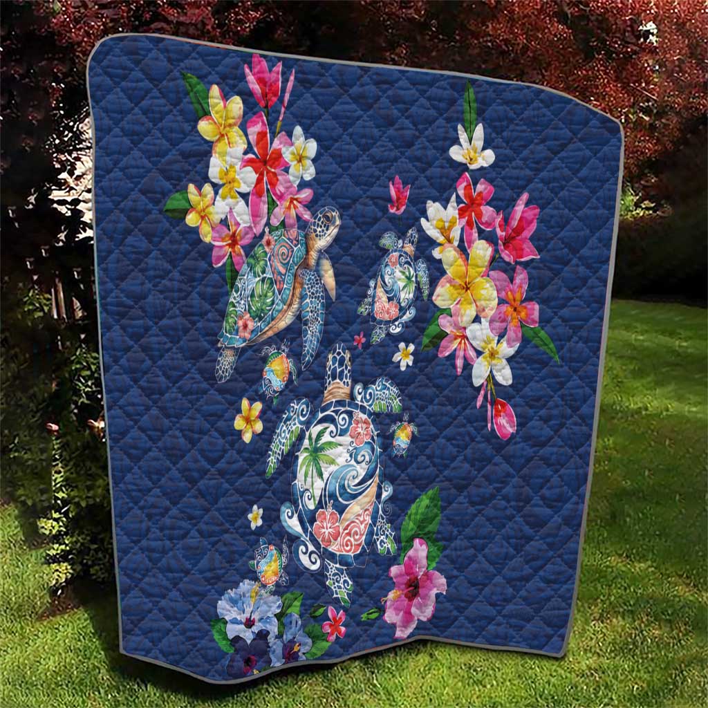 Hawaiian Turtles and Tropical Plants Quilt Blue Watercolor