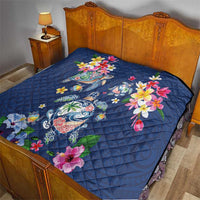 Hawaiian Turtles and Tropical Plants Quilt Blue Watercolor