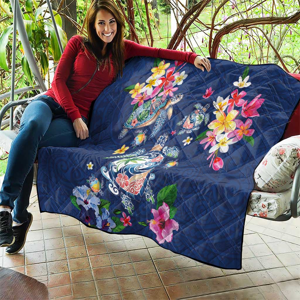 Hawaiian Turtles and Tropical Plants Quilt Blue Watercolor