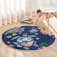 Hawaiian Turtles and Tropical Plants Round Carpet Blue Watercolor