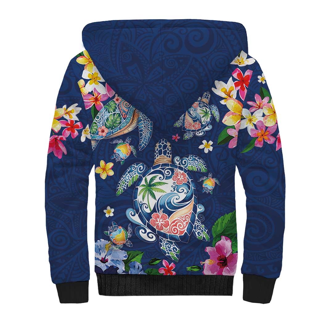 Hawaiian Turtles and Tropical Plants Sherpa Hoodie Blue Watercolor
