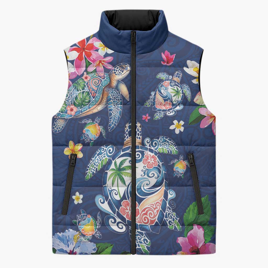 Hawaiian Turtles and Tropical Plants Sleeveless Puffer Jacket Blue Watercolor