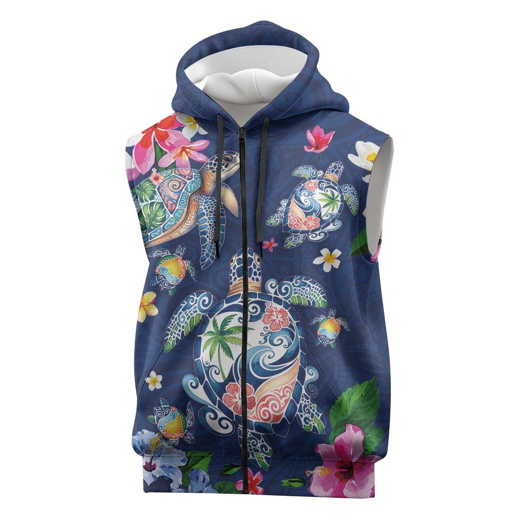 Hawaiian Turtles and Tropical Plants Sleeveless Zip Hoodie Blue Watercolor