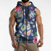 Hawaiian Turtles and Tropical Plants Sleeveless Zip Hoodie Blue Watercolor