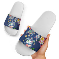 Hawaiian Turtles and Tropical Plants Slide Sandals Blue Watercolor