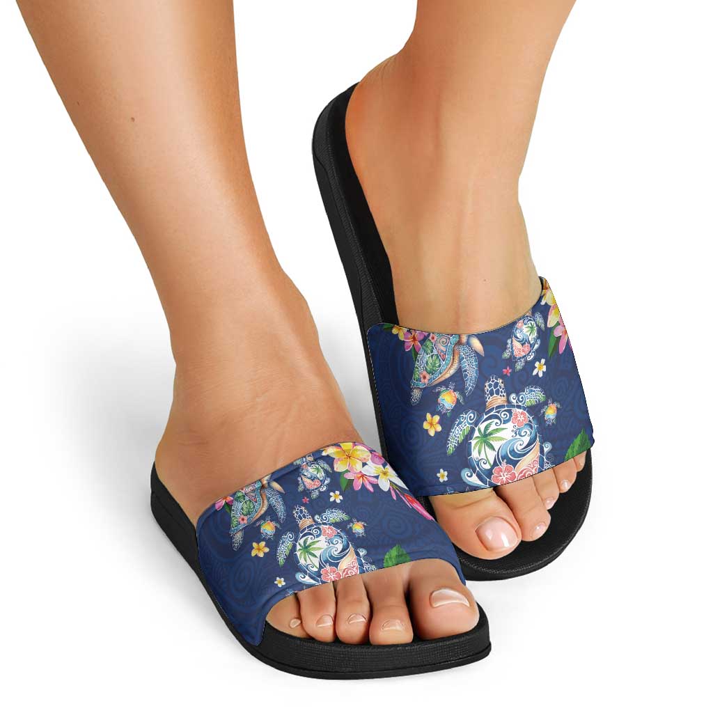 Hawaiian Turtles and Tropical Plants Slide Sandals Blue Watercolor
